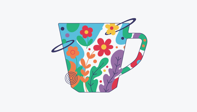 Stylized coffee mug decorated with bright flowers and green leaves, surrounded by floating cosmic rings on a white background.