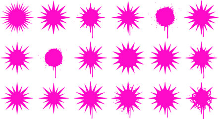 Red spray paint starburst icons, set of 15 distressed star and sunburst vector elements, grunge splatter star shapes for urban street art design © Dr Nadeem