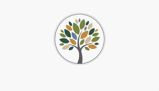 Elegant logo design depicting a green, orange, and blue leafy tree enclosed in a neat circular frame on a plain background.