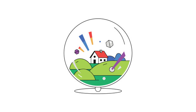 Stylized glass snow globe containing a charming little white house with a red roof on grassy green hills, on a white background.