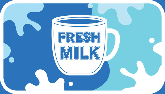 Large white mug with the text Fresh Milk written in blue, set against a background of dynamic blue and turquoise milk splashes.
