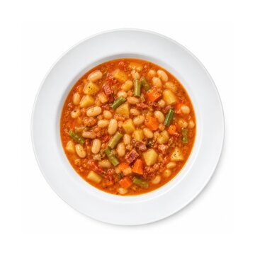 Herzhafter deutscher Bohneneintopf mit wei&szlig;en Bohnen, Kartoffeln, Karotten und gr&uuml;nen Bohnen im wei&szlig;en Teller, als appetitliche Draufsicht auf wei&szlig;em Hintergrund.