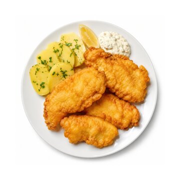 Goldbraun gebackener Backfisch mit Salzkartoffeln, Remoulade, Zitrone und Petersilie auf wei&szlig;em Teller, als klare Vogelperspektive auf wei&szlig;em Hintergrund.