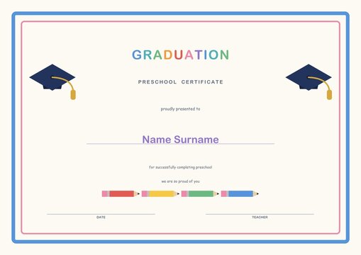 Preschool graduation certificate template kids kindergarten diploma colorful blank editable
