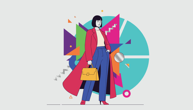 Fashion model with black bob haircut posing in long red coat and blue trousers with a chic yellow handbag.