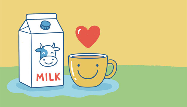 Cute cartoon milk carton with cow drawing next to a smiling yellow coffee mug under a red floating heart.