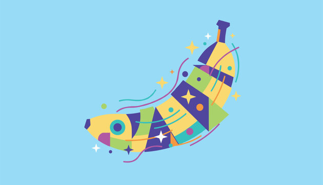Dynamic pop art banana decorated with colorful abstract geometric patterns and stars on a bright blue background.