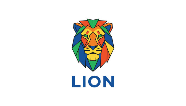 Low poly geometric colorful lion head portrait logo design with typography isolated on white background.