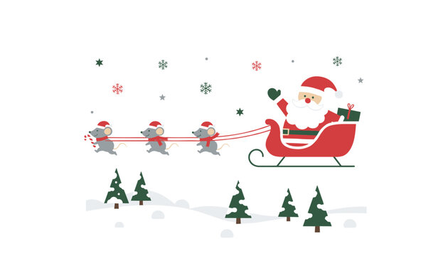 Santa claus riding a red sleigh pulled by cute little mice in santa hats through a snowy pine tree forest.