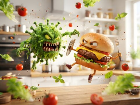 A funny cartoon burger character fighting a scary green virus monster in a bright modern kitchen setting