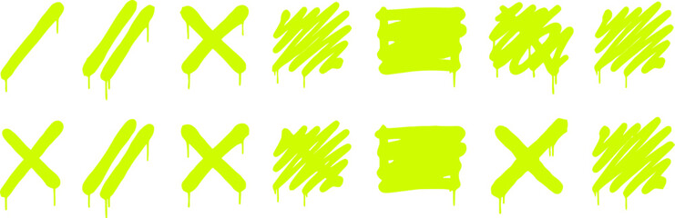 Neon yellow graffiti spray paint elements, urban street art drip symbols and cross marks, fluorescent lime green paint stroke vector set © Dr Nadeem