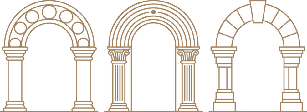 Classical Antique Arch and Pillar Outline Set with Roman Column, Greek Temple Architecture, and Luxury Architectural Gateway Vector Illustration Elements