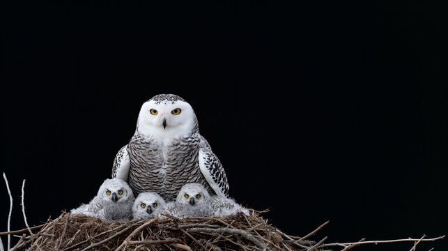 snowy owl with four chicks in a large nest against black background, extreme closeup portrait of snowy owl and four owlets in nest, detailed snowy owl family facing camera in nest on black background