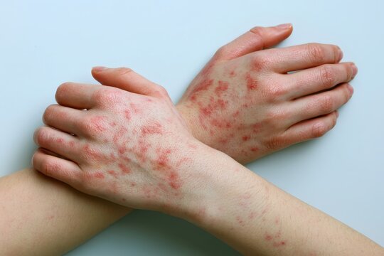 Red bumps fluid blisters, sores on person hand skin. Patient with viral infection chickenpox, pox, shingles or dermatitis. Monkey Pox MPOX disease symptom sign. Marv Painful rash, spots close up body