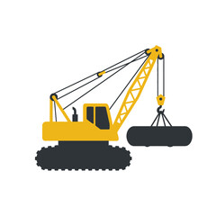 Obraz premium Yellow crawler crane lifting heavy load flat vector illustration isolated on white background