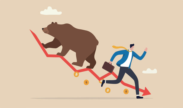 Bear market, stock decline by economic crisis, recession or bubble burst, crypto cuy price going concept, businessman investor sell all stocks run away from bear on red decline graph
