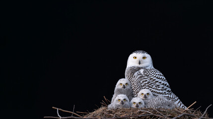 Fototapeta premium snowy owl with four chicks in a large nest against black background, extreme closeup portrait of snowy owl and four owlets in nest, detailed snowy owl family facing camera in nest on black background