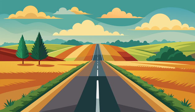 Asphalt road leading through colorful farm fields vector illustration landscape