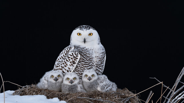 snowy owl with four chicks in a large nest against black background, extreme closeup portrait of snowy owl and four owlets in nest, detailed snowy owl family facing camera in nest on black background