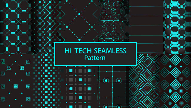 Hi tech seamless pattern collection with geometric shapes and teal colored lines on a dark background abstract