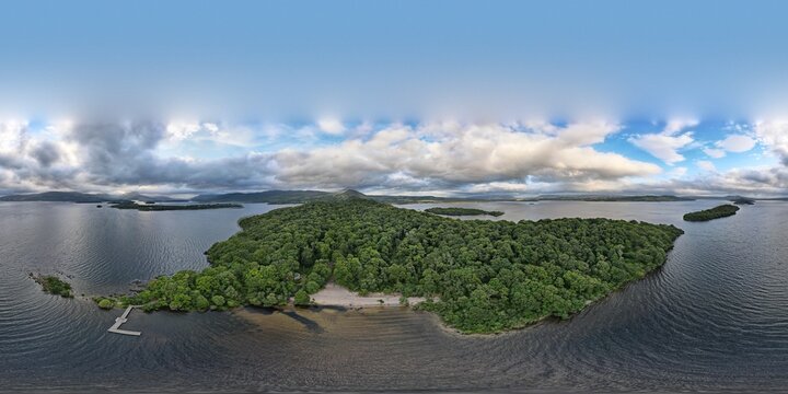 Inchcailloch Island Beach and Jetty with Conic Hill Behind, Loch Lomond, Scotland - 360 Degree Equirectangular Panorama