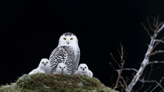 snowy owl with four chicks in a large nest against black background, extreme closeup portrait of snowy owl and four owlets in nest, detailed snowy owl family facing camera in nest on black background