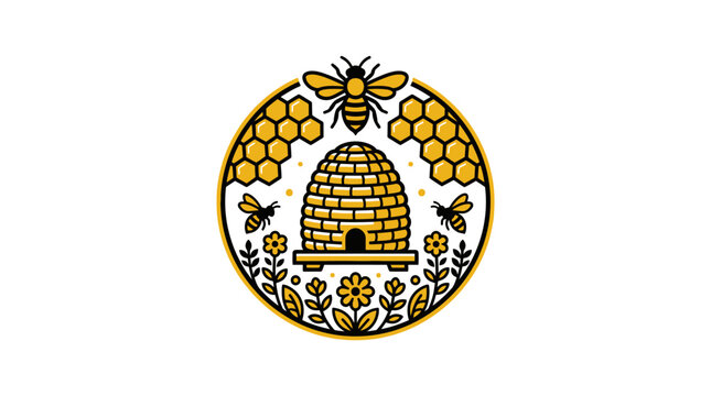 A circular emblem featuring a beehive and flying honey bees