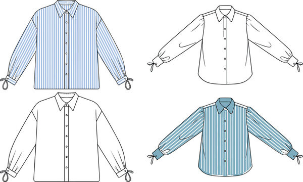 Fashion flat technical sketch of women long sleeve button down shirt blouse with striped pattern and tie cuff details