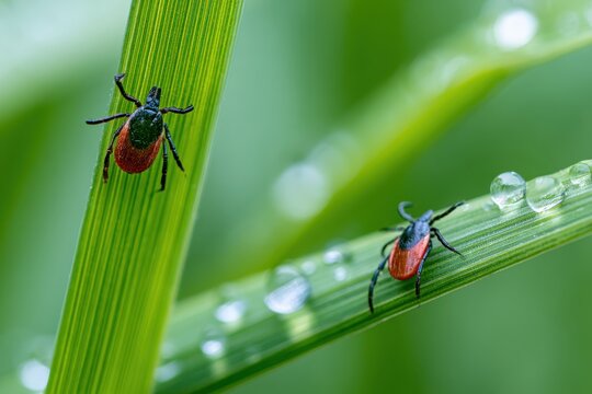 Two ixodes ticks crawling on green grass blades outdoors. Macro shot of dangerous parasites in nature. Protective repellents. Warning tick-borne infections threat. Lyme disease, tbe or Powassan virus.