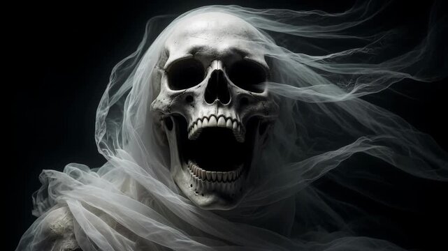 Eerie screaming skull wrapped in translucent white fabric against a dark background