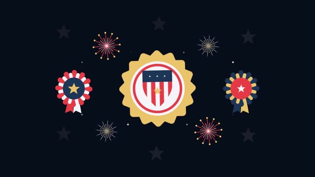 Patriotic American Badges and Fireworks Display on Dark Background.