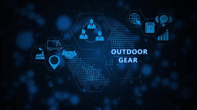 Digital infographic animation featuring outdoor gear text overlay with global network connectivity and abstract blue data hud for e-commerce marketing and business technology presentations