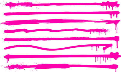 Pink spray paint drip lines, set of 8 neon graffiti brush strokes with liquid splatter, vibrant magenta street art ink drips for urban design © Dr Nadeem