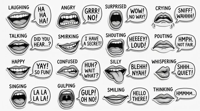 Set of cartoon human mouth expressions with speech bubbles and text labels showing various emotions and actions like laughing talking happy singing angry shouting and thinking
