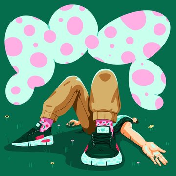 Young Man Relaxing on Grass Under a Surreal Polka Dot Cloud