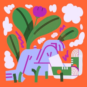 Stylized Person Relaxing Among Colorful Tropical Plants