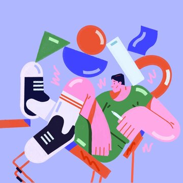 Creative Man Sketching Among Abstract Geometric Shapes