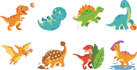 Cute cartoon dinosaur character set vector illustration showing playful prehistoric creatures engaging in fun activities with colorful design concept © MD