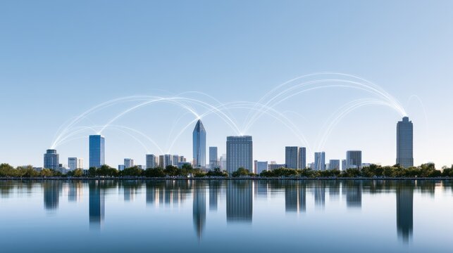Connected city skyline with digital lines over water under clear sky