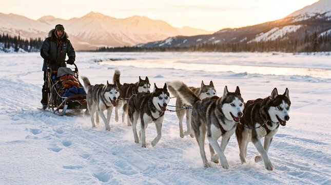 Man driving sled team of Siberian huskies across snowy landscape  