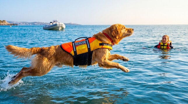 Rescue dog jumping into water to save person in life jacket  
