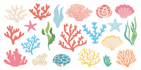 Coral seaweed and seashell vector illustrations on a white background © Bijon