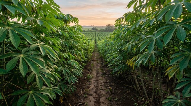 Lush green cassava plants in a rural farm field at sunset.