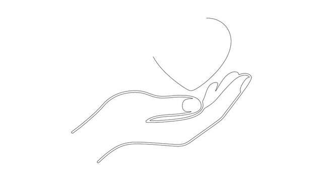 Continuous line drawing animation of heart shape held in open human hand.