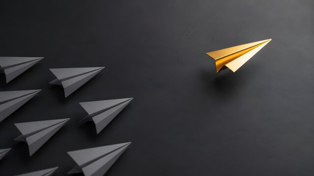 Competitive advantage and leadership innovation golden paper airplane flying in different direction from grey crowd