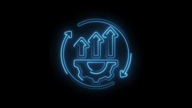Neon blue glowing icon representing business growth progress and efficiency with upward arrows