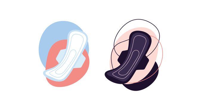 Sanitary pads for menstrual hygiene are illustrated in two color options with pastel organic background shapes and fluid line borders.