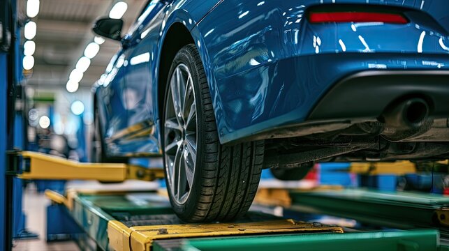 Close-up of a blue automobile raised on a service lift for maintenance
