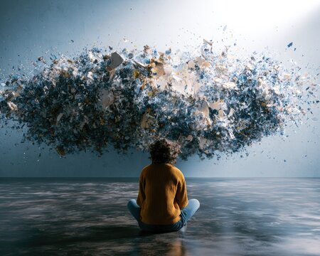 Person meditates as debris explodes from a cloudy mass above