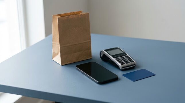 Contactless payment setup with blank smartphone, card reader, and paper bag on blue table